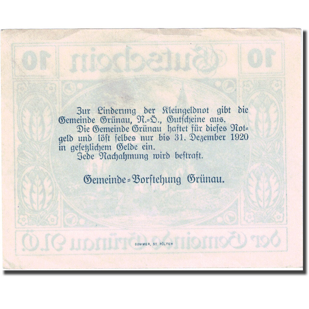 Banconote, Austria, Grünau, 10 Heller, Eglise, 1920, SPL- blue Mehl:FS 299