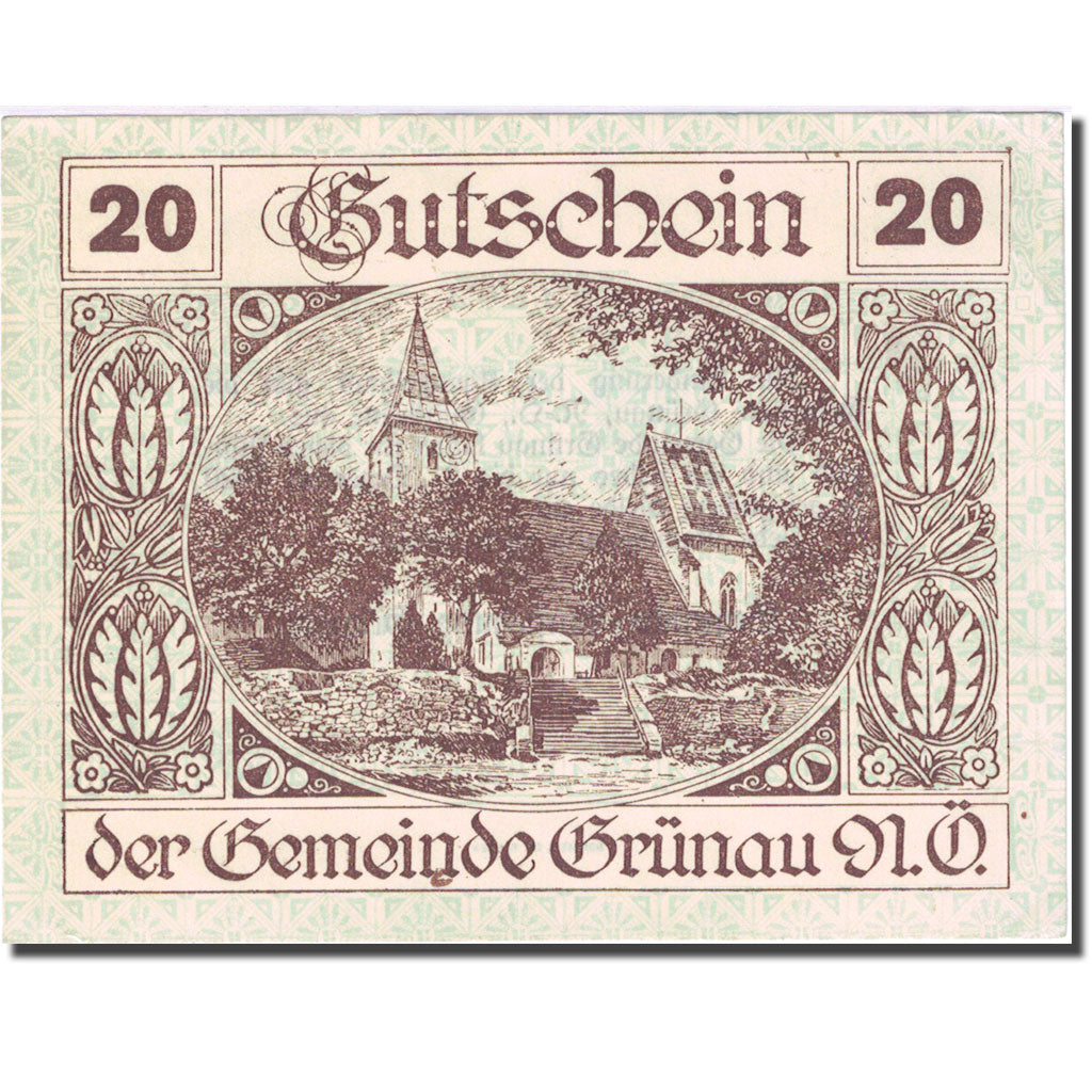 Banconote, Austria, Grünau, 20 Heller, Eglise 1, 1920 brown SPL- Mehl:FS 299