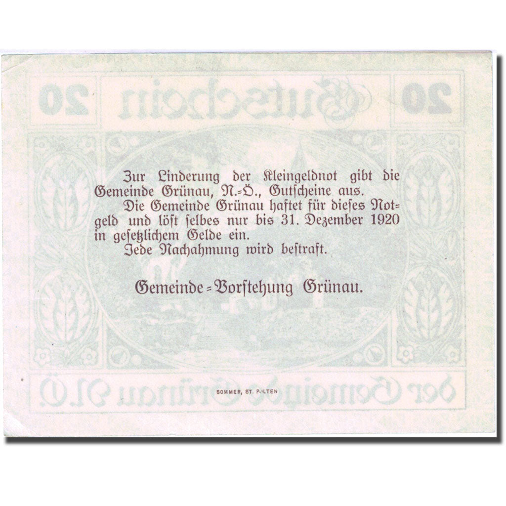 Banconote, Austria, Grünau, 20 Heller, Eglise 1, 1920 brown SPL- Mehl:FS 299