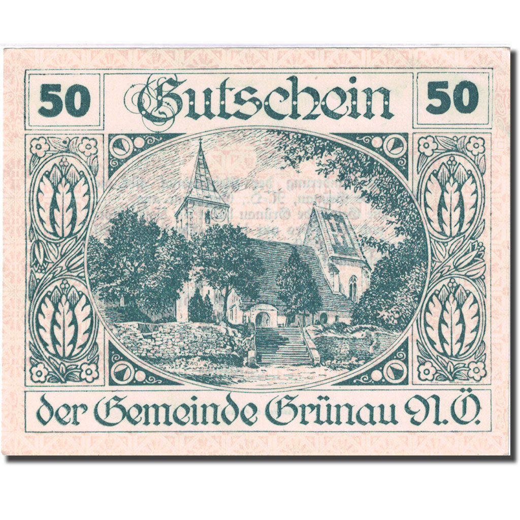 Banconote, Austria, Grünau, 50 Heller, église 2, 1920 SPL green Mehl:FS 299