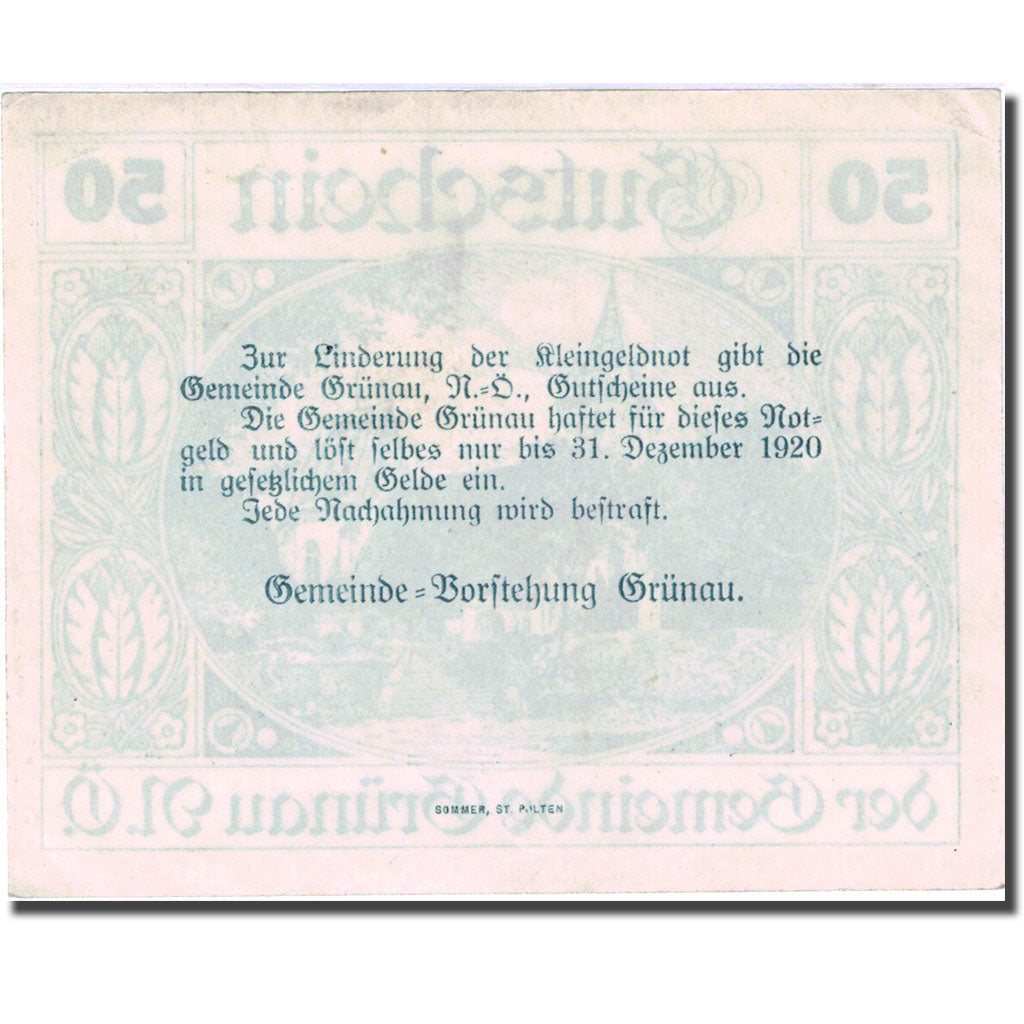 Banconote, Austria, Grünau, 50 Heller, église 2, 1920 SPL green Mehl:FS 299