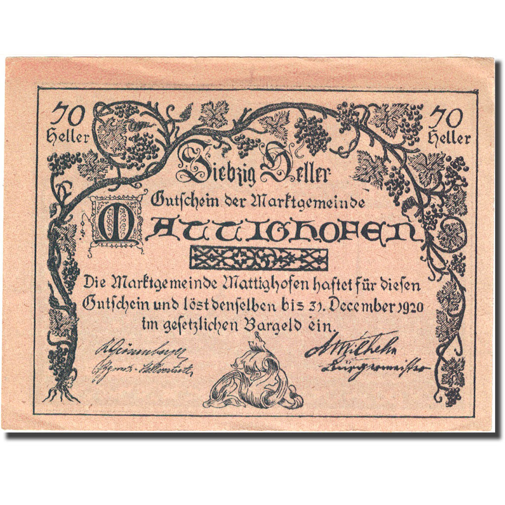 Nota, Áustria, Mattighofen, 70 Heller, village, 1920 EF(40-45) Mehl:FS 594d