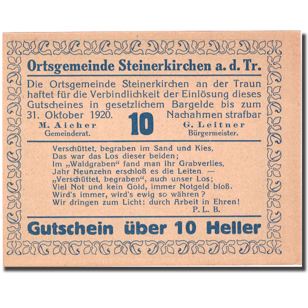 Banconote, Austria, Steinerkirchen 10 Heller personnage 1920 SPL Mehl:FS 1029IIa