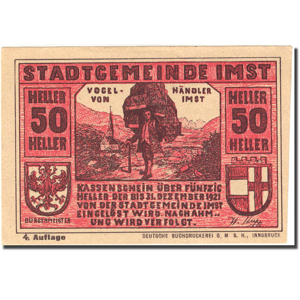 Geldschein, Österreich, Imst, 50 Heller, personnage, 1921 UNZ- Mehl:FS 405d