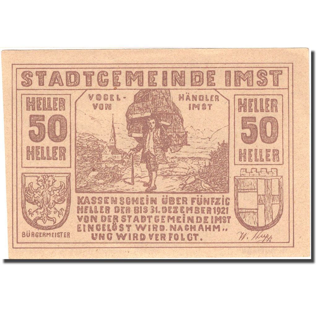 Geldschein, Österreich, Imst, 50 Heller, personnage, 1921 UNZ- Mehl:FS 405d