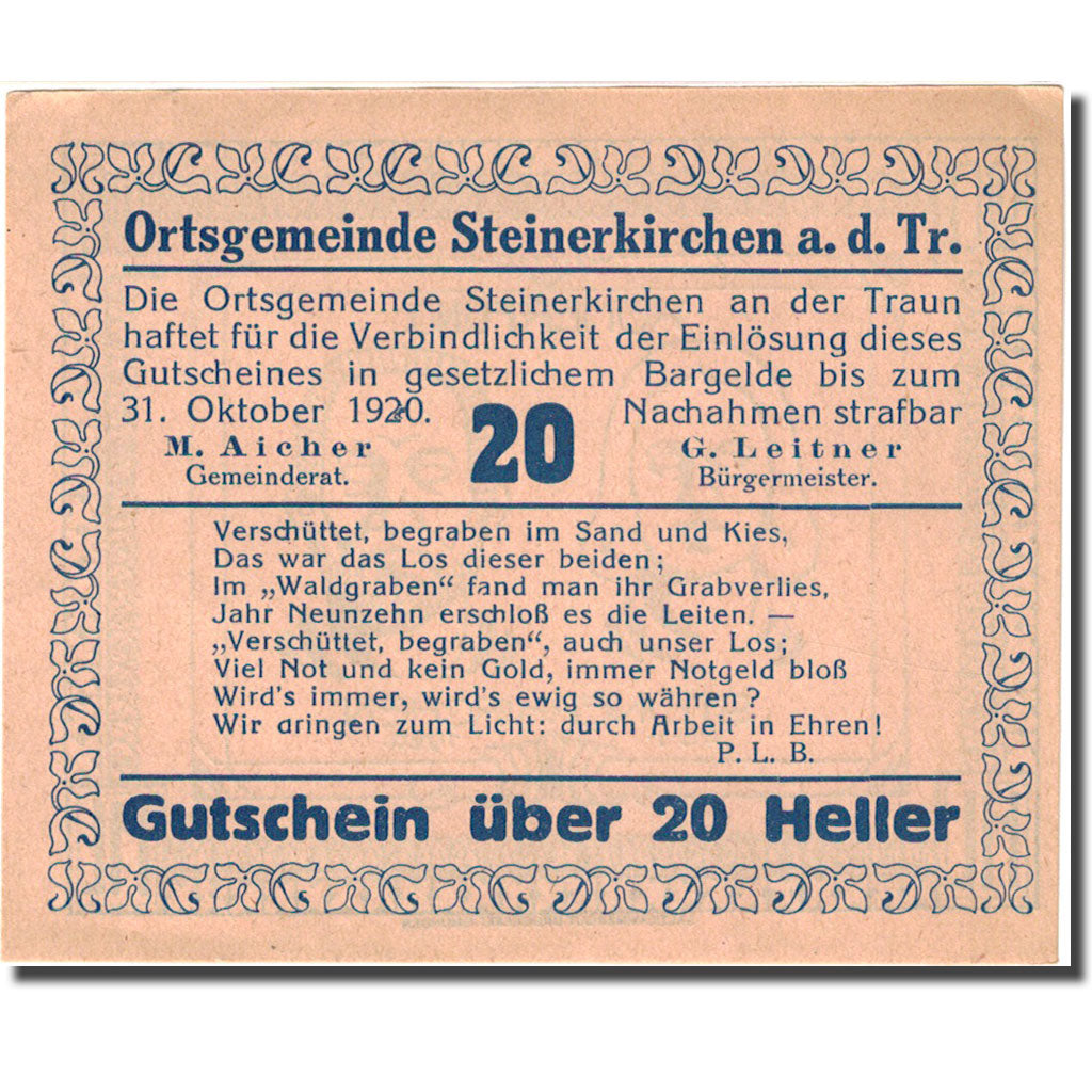 Billete, Austria, Steinerkirchen, 20 Heller, personnage 1920 SC Mehl:FS1029IIa