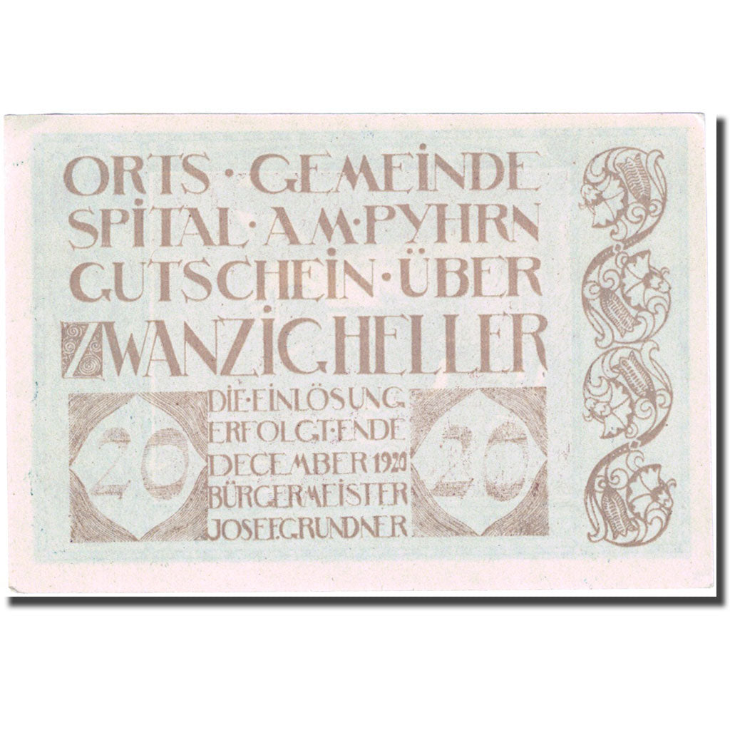 Banconote, Austria, Spital, 20 Heller, ouvrier, 1920 SPL+ Mehl:FS 1007IIa