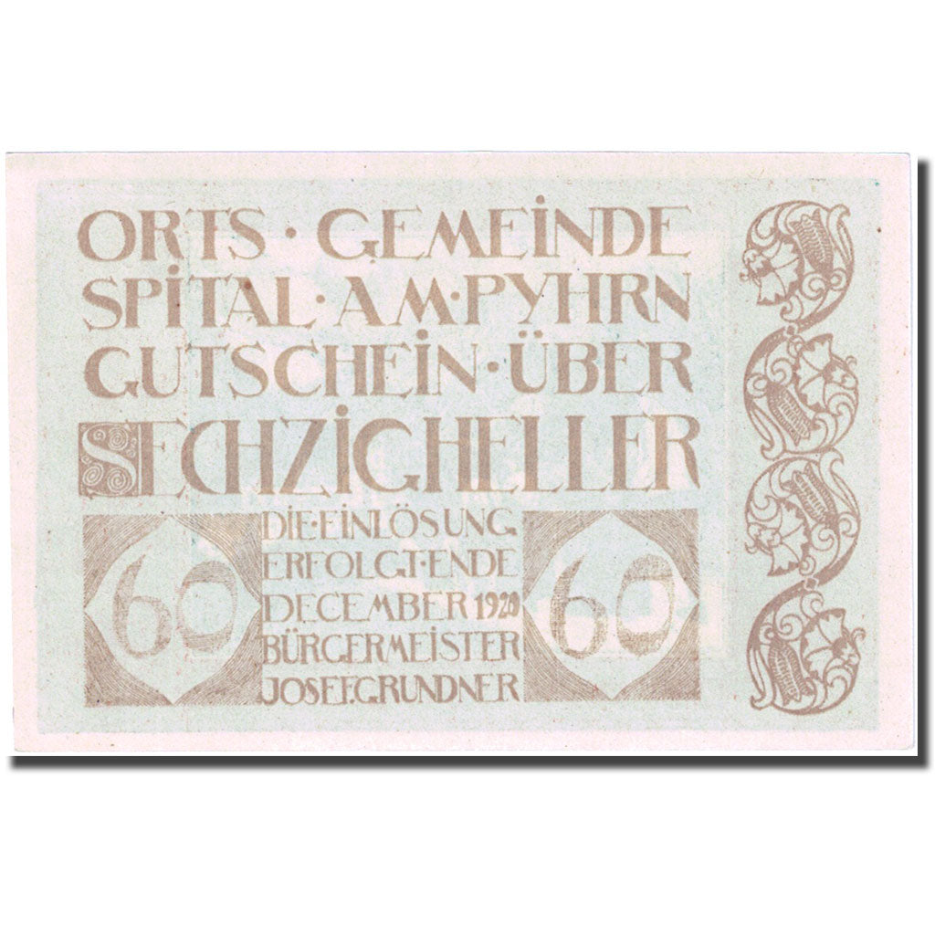Billet, Autriche, Spital, 60 Heller, Eglise, 1920 SPL Mehl:FS 1007IIa