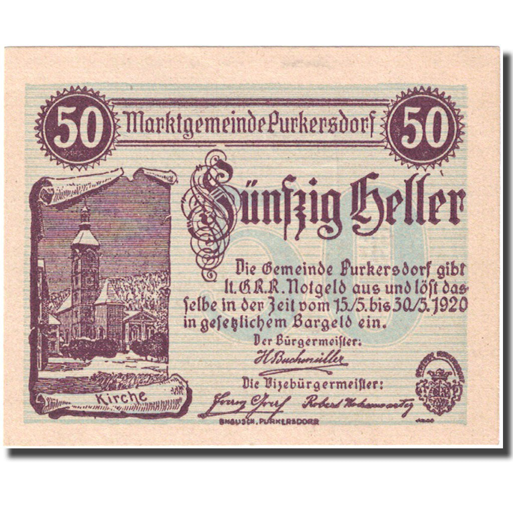 Billet, Autriche, Purkersdorf, 50 Heller, Eglise 1920-05-20, SPL Mehl:FS 801a