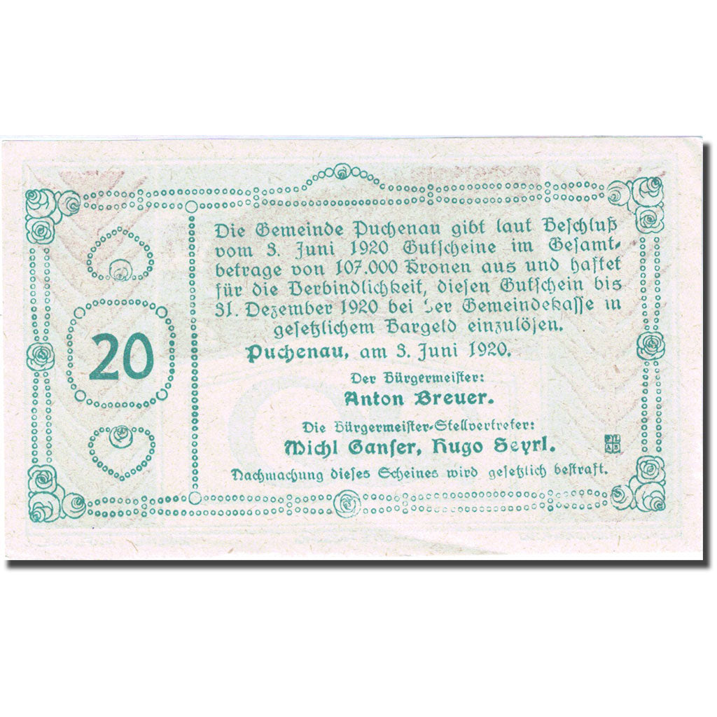 Banknot, Austria, Puchenau, 20 Heller, Foret, 1920, 1920-12-31, AU(55-58)