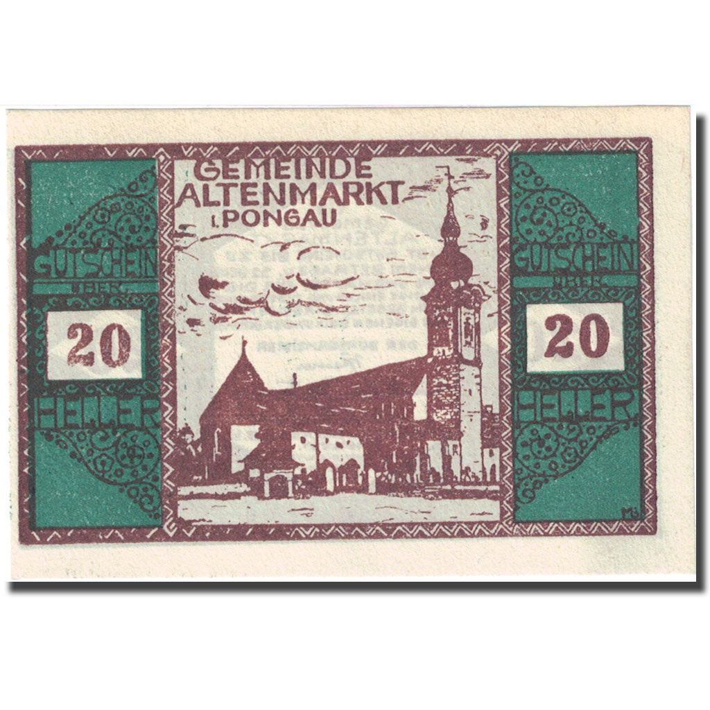 Geldschein, Österreich, Pongau, 20 Heller, Eglise 1, 1920 grün UNZ- Mehl:FS 31a