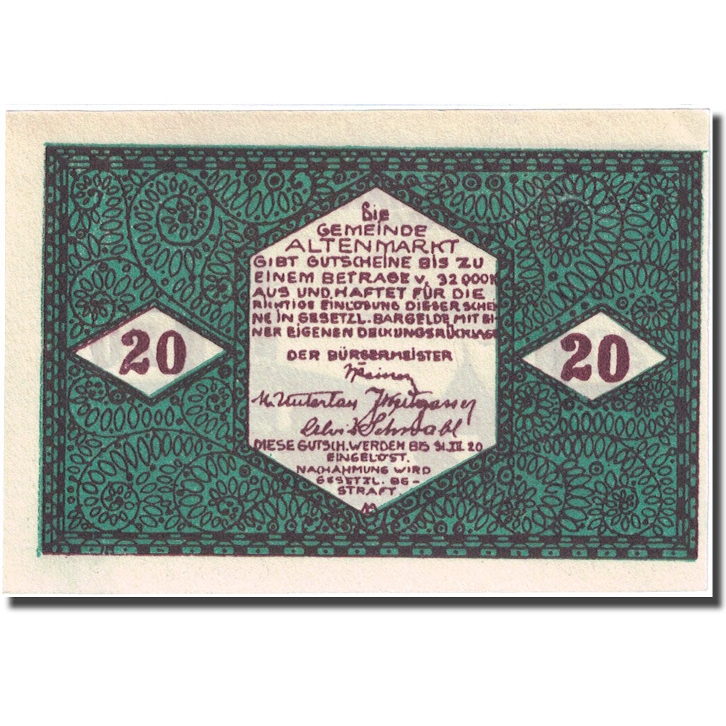 Geldschein, Österreich, Pongau, 20 Heller, Eglise 1, 1920 grün UNZ- Mehl:FS 31a