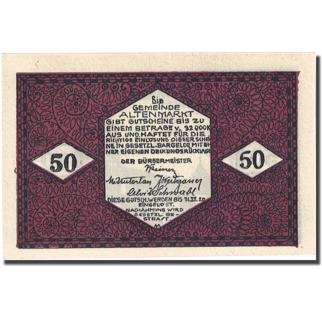 Banconote, Austria, Pongau, 50 Heller, église 2, 1920 SPL brown Mehl:FS 31a