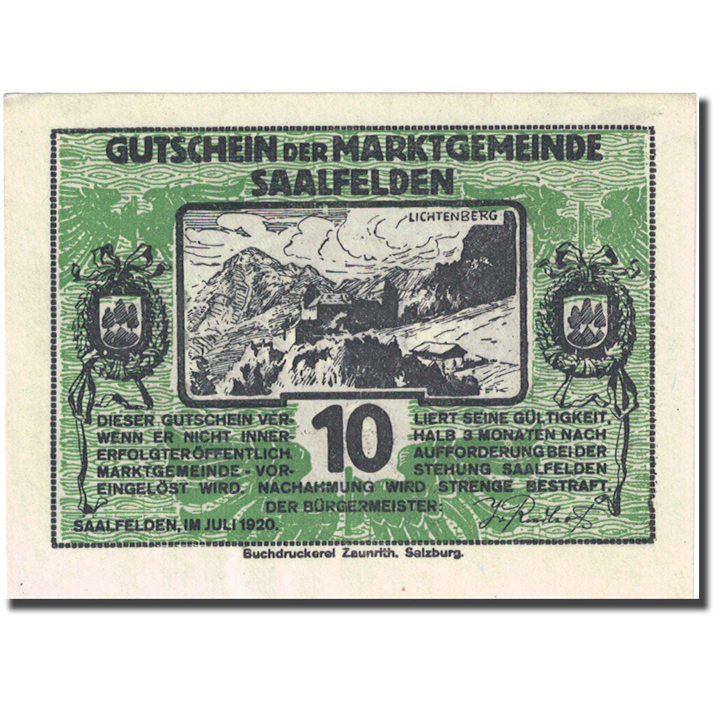 Nota, Áustria, Saalfelden, 10 Heller, château, 1920 AU(55-58) Mehl:FS 859b
