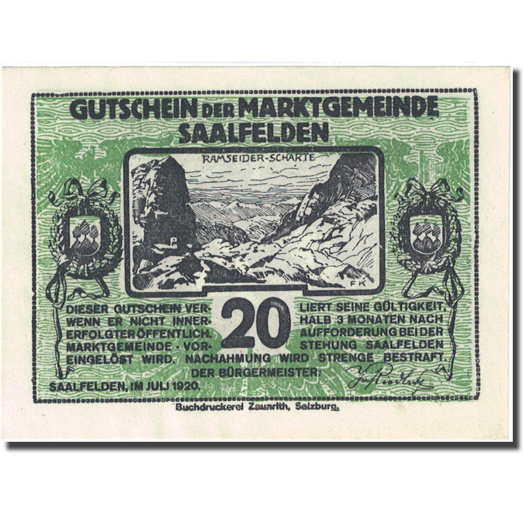 Banconote, Austria, Saalfelden, 20 Heller, montagne, 1920 SPL- Mehl:FS 859b