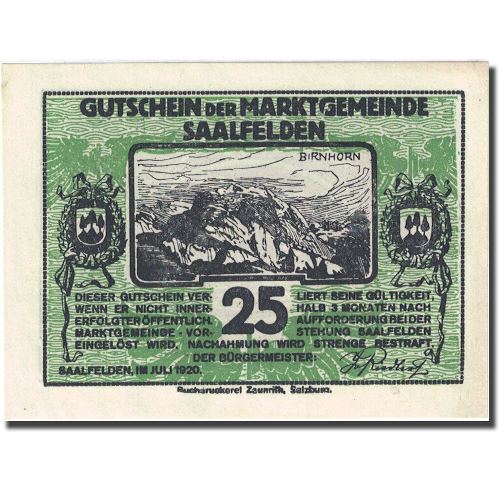 Banconote, Austria, Saalfelden, 25 Heller, montagne, 1920 SPL- Mehl:FS 859b