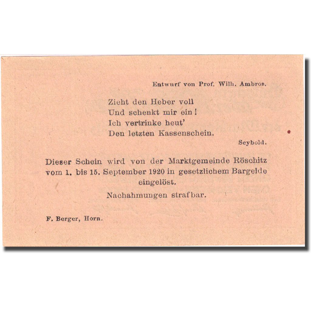 Banknot, Austria, Roschitz, 10 Heller, Monument, 1920, 1920-09-15, UNC(63)