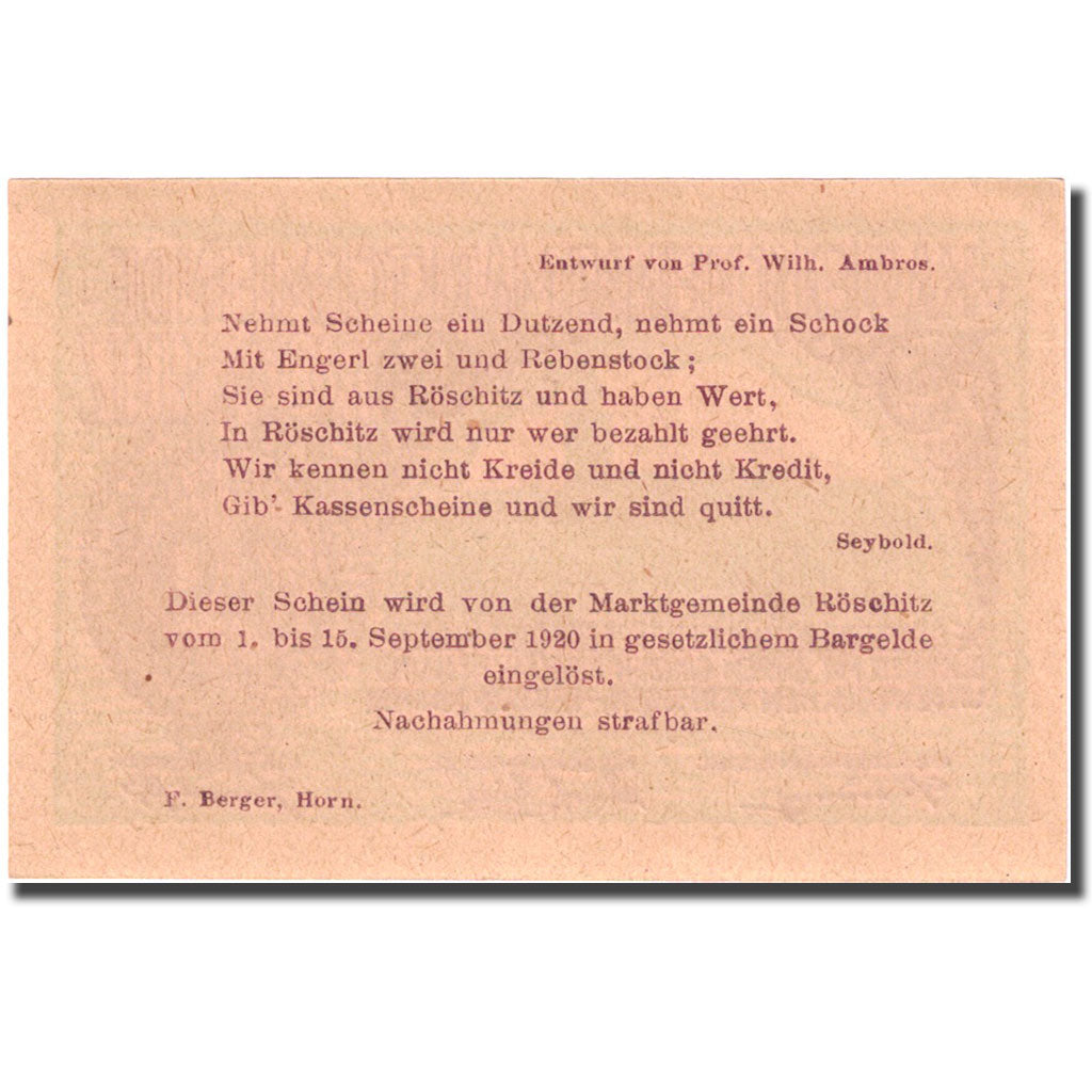 Banconote, Austria, Roschitz, 20 Heller, Eglise 1920-09-15, SPL Mehl:FS 844