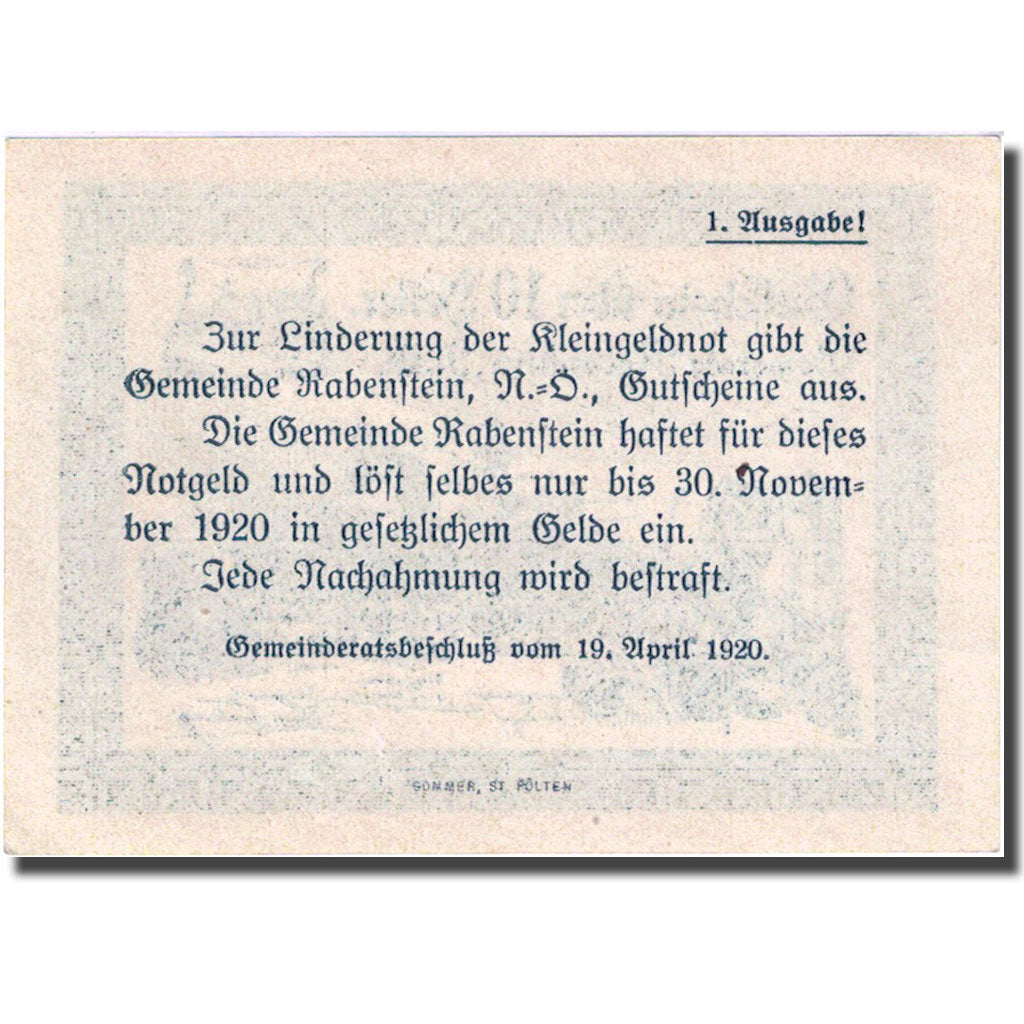 Banconote, Austria, Rabenstein, 10 Heller, village, 1920 SPL Mehl:FS 808Ia