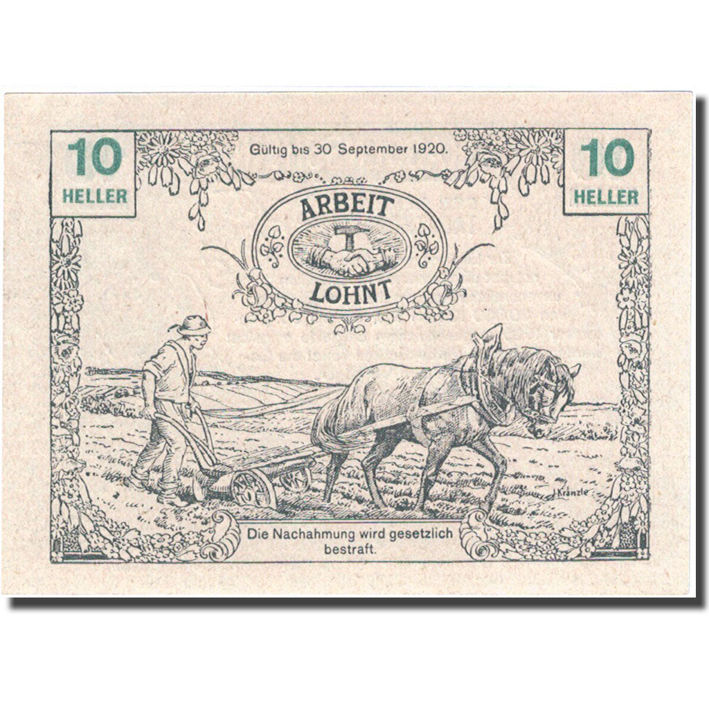 Banconote, Austria, Tausendblum, 10 Heller, agriculteur, 1920 SPL Mehl:FS 1060
