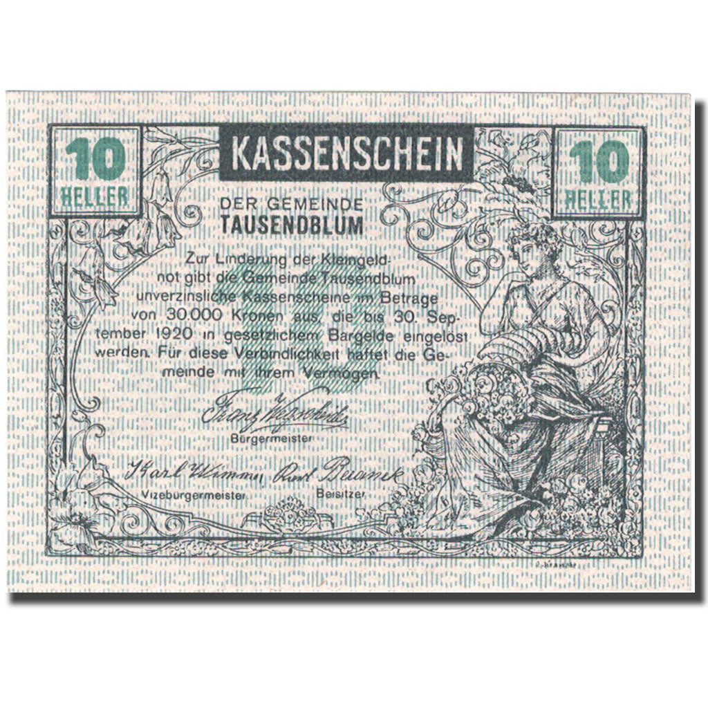 Banconote, Austria, Tausendblum, 10 Heller, agriculteur, 1920 SPL Mehl:FS 1060