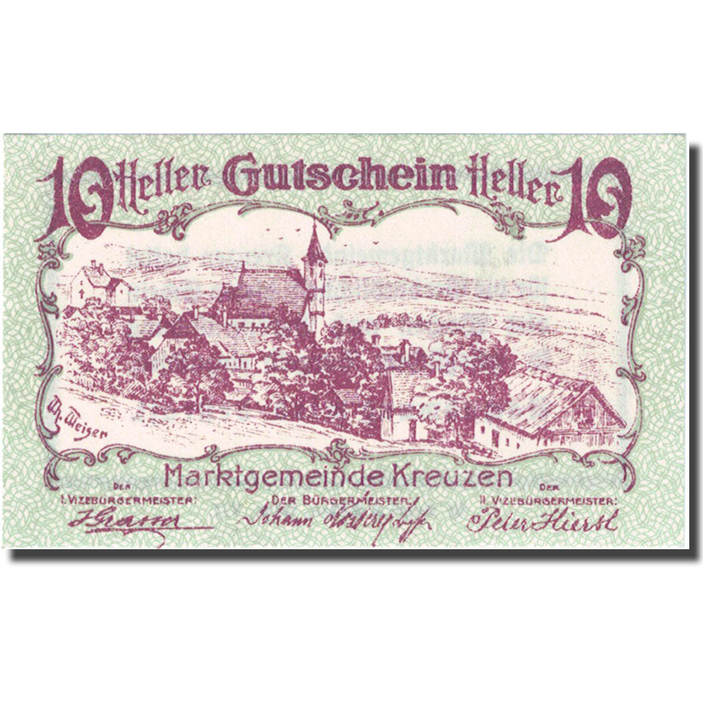 Geldschein, Österreich, Kreuzen, 10 Heller, village, 1920 UNZ- Mehl:FS 479a