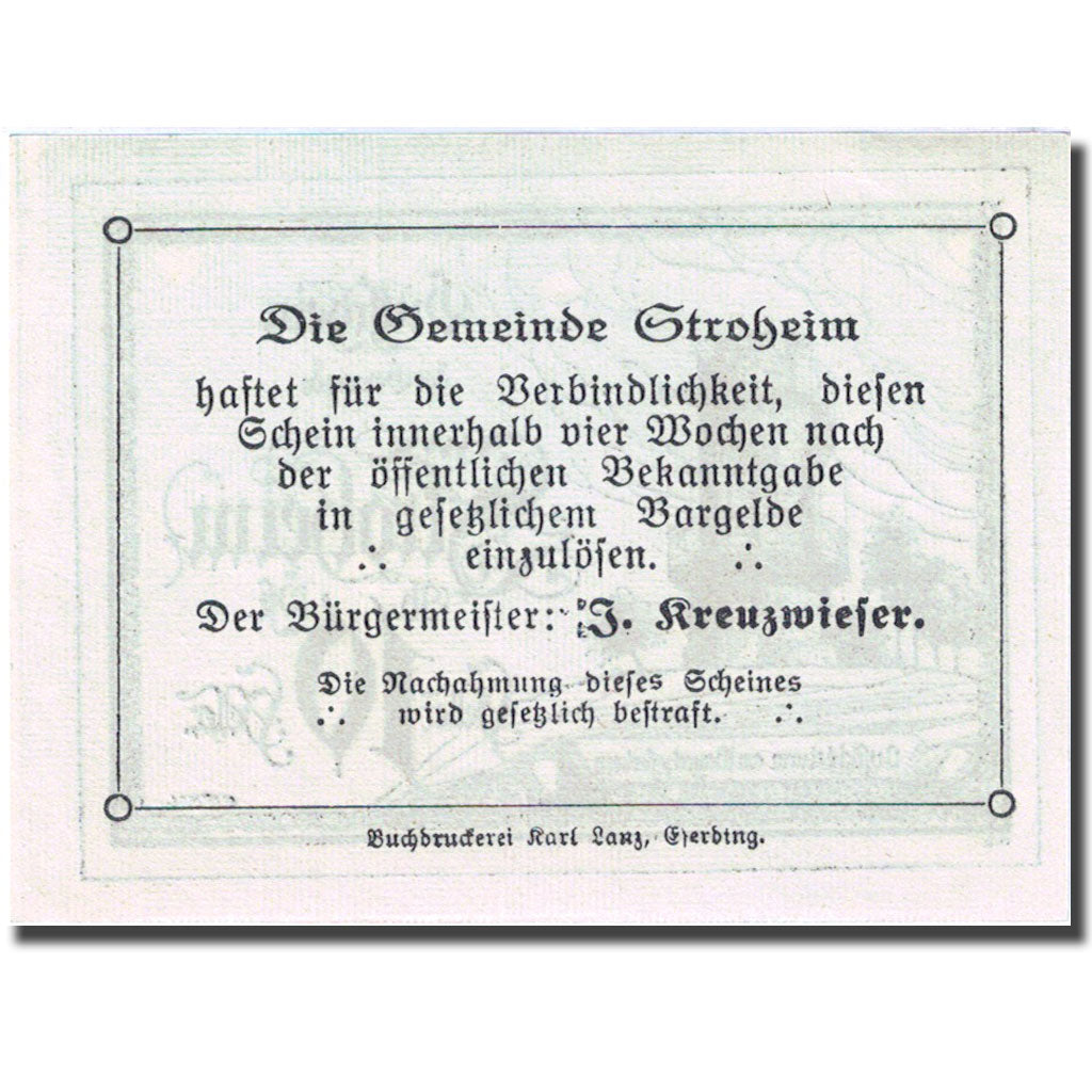Nota, Áustria, Stroheim, 10 Heller, tour, 1920 UNC(63) Mehl:FS 1050Ia