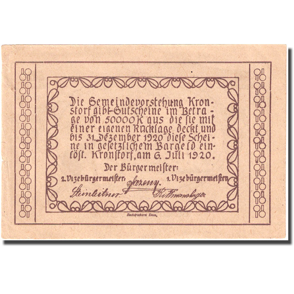 Banconote, Austria, Kronstorf, 50 Heller, Eglise 1920-12-31, BB FS 486a