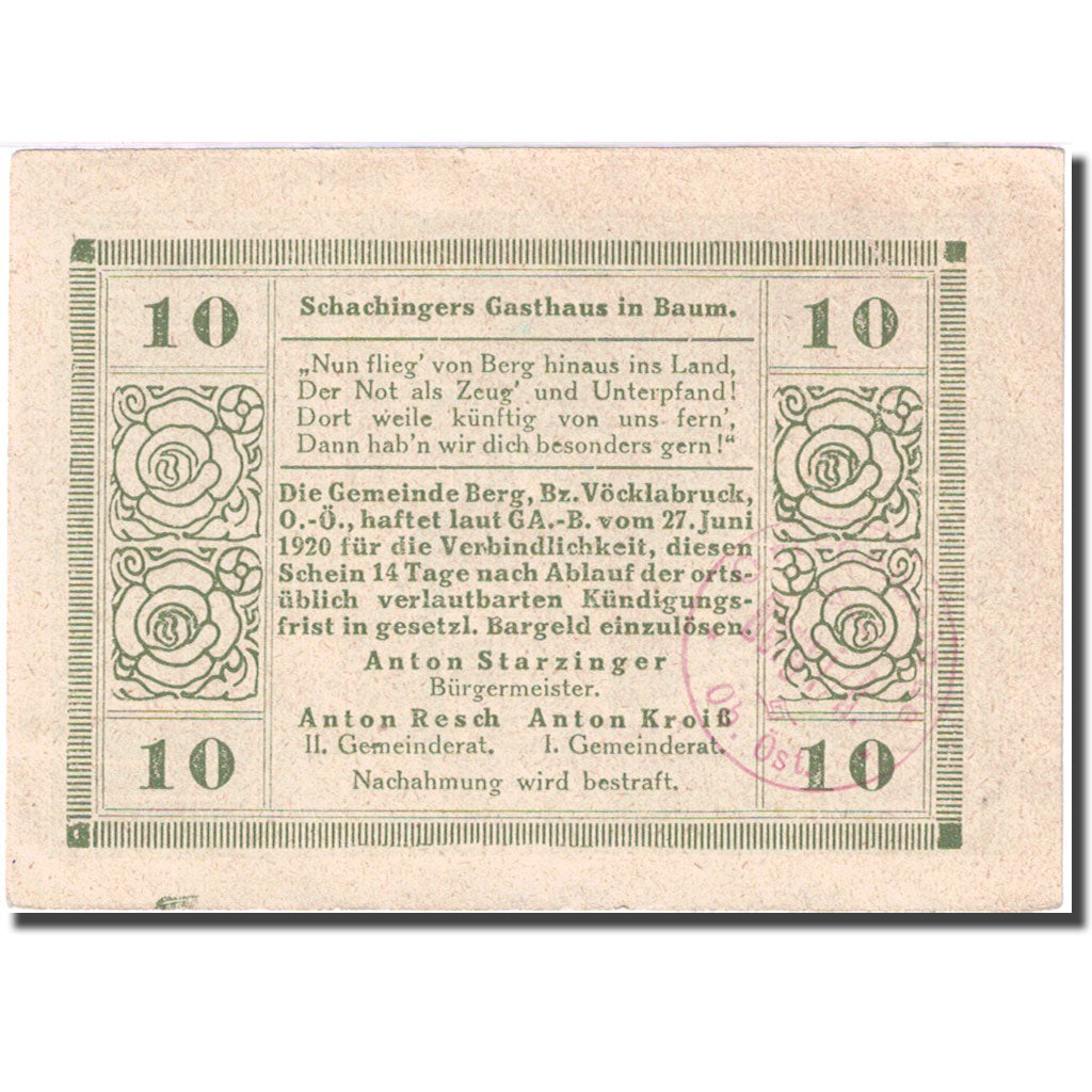 Banconote, Austria, Berg, 10 Heller, ferme, 1920, 1920-06-27, SPL, Mehl:FS 81a
