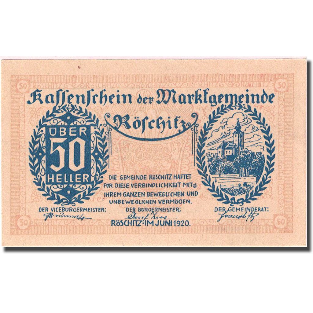 Geldschein, Österreich, Roschitz, 50 Heller, Blason 1920-09-15 UNZ- Mehl:FS 844