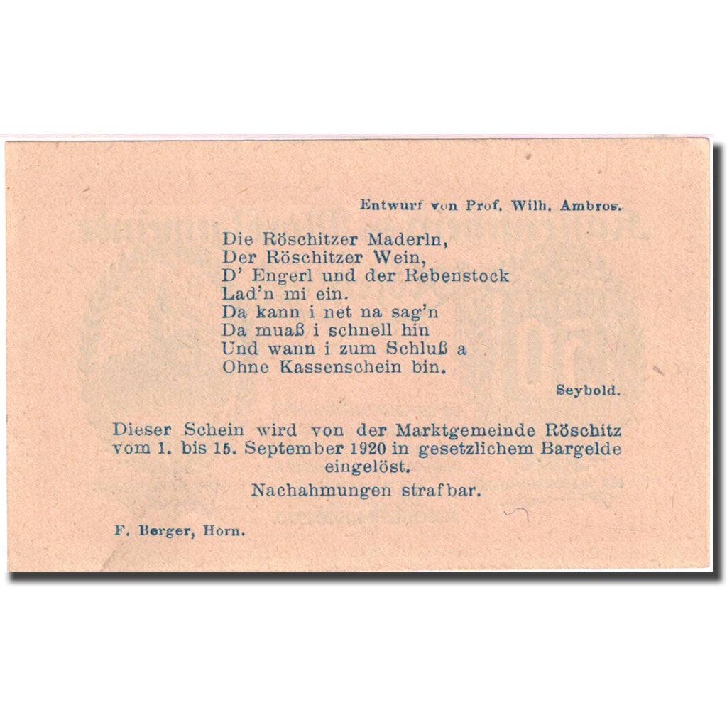Geldschein, Österreich, Roschitz, 50 Heller, Blason 1920-09-15 UNZ- Mehl:FS 844