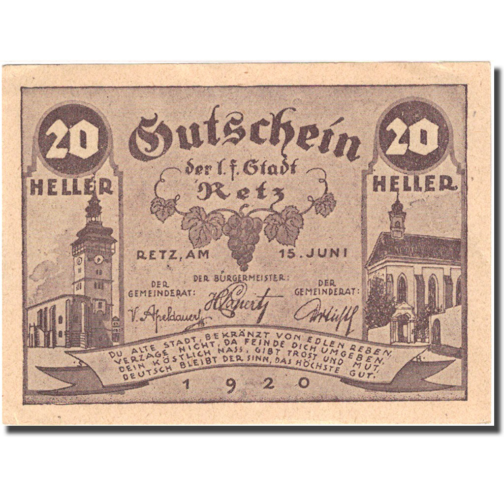 Geldschein, Österreich, Retz, 20 Heller, Eglise 1920-09-30, VZ+ Mehl:FS 832a