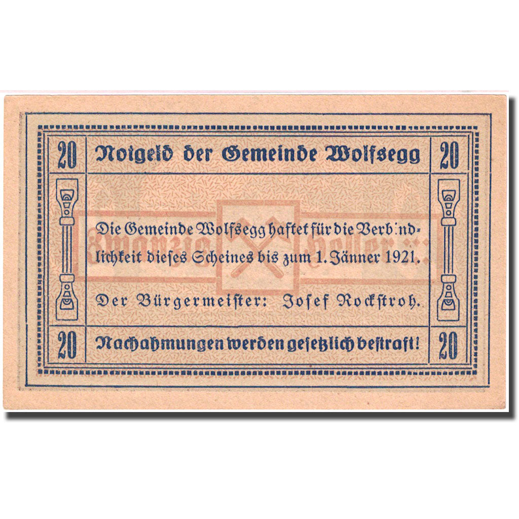 Billet, Autriche, Wolfsegg, 20 Heller, village 1921-01-15, SPL Mehl:FS 1250II