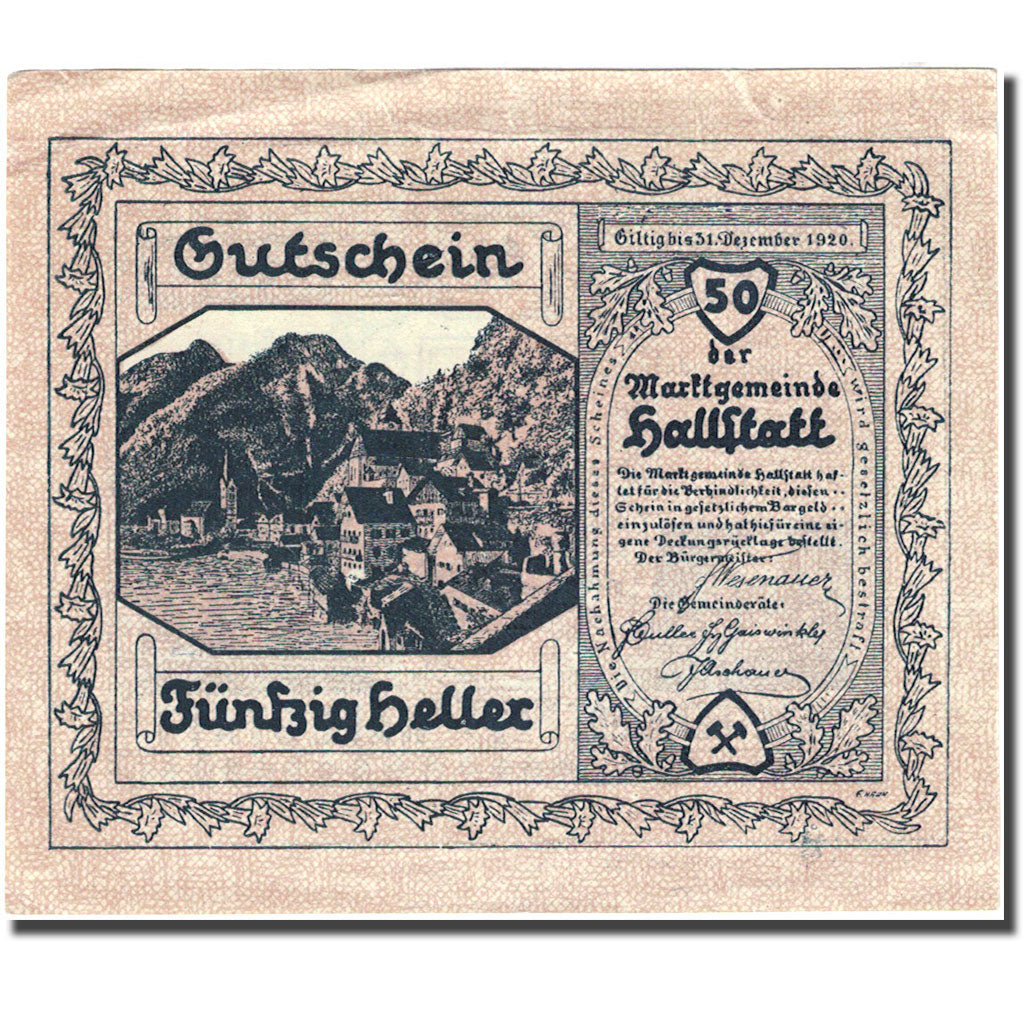Geldschein, Österreich, Hallstatt, 50 Heller, château, 1920, SS Mehl:FS 345