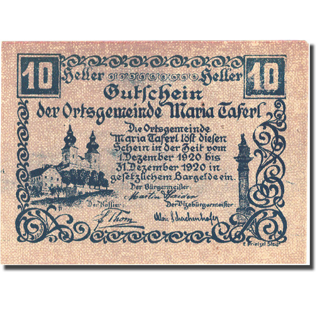 Geldschein, Österreich, Maria Taferl, 10 Heller, Monument, 1920 UNZ Mehl:FS 588