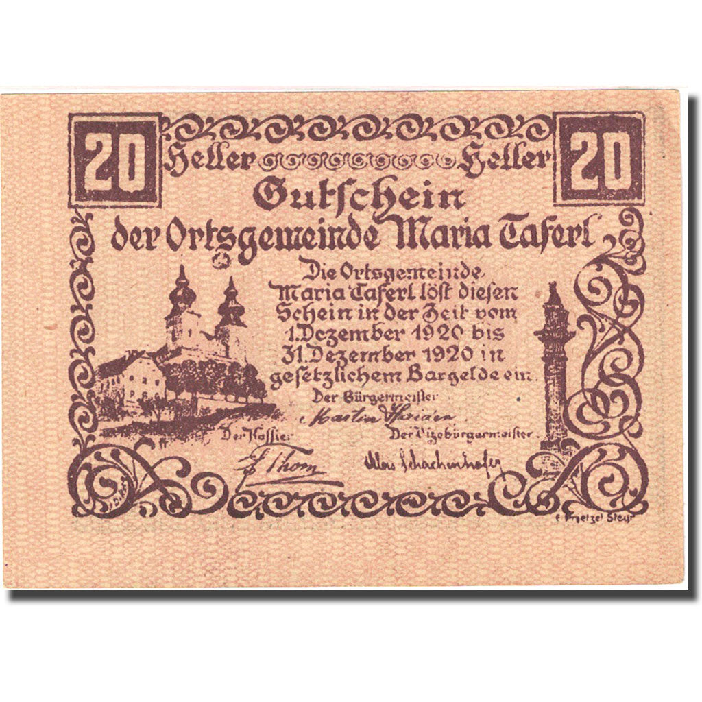 Banconote, Austria, Maria Taferl, 20 Heller, personnage, 1920 SPL Mehl:FS 588