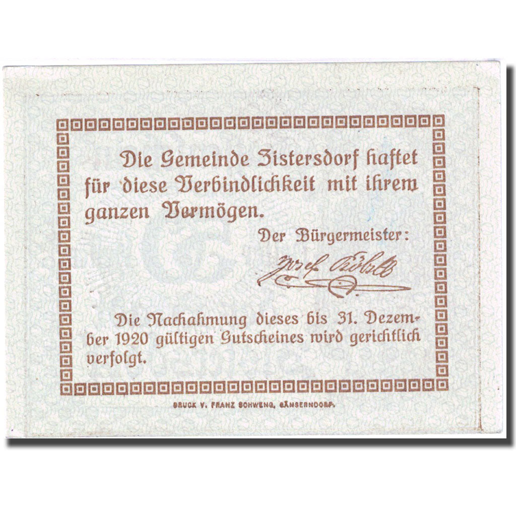 Banconote, Austria, Zistersdorf, 50 Heller, Eglise, 1920 SPL Mehl:FS 1277b