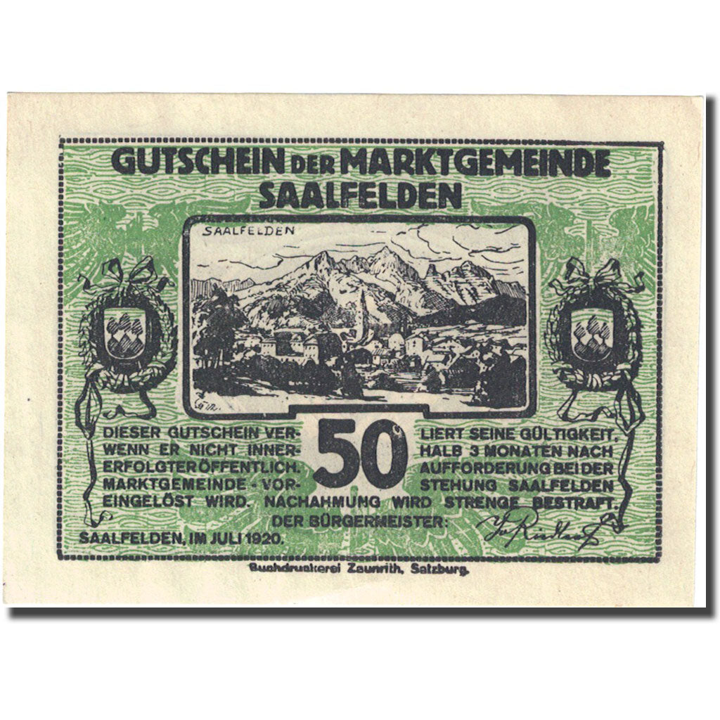 Banconote, Austria, Saalfelden, 50 Heller, montagne, 1920 SPL Mehl:FS 859b