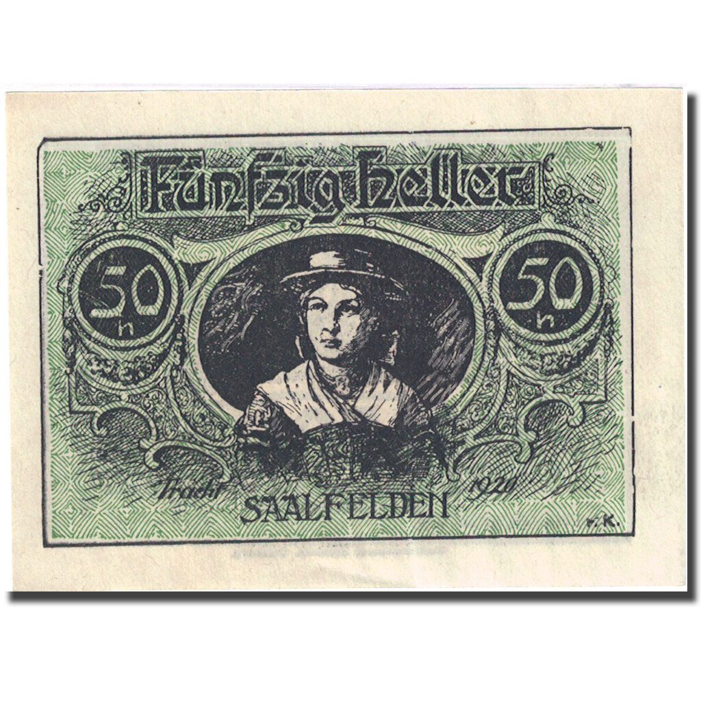 Banconote, Austria, Saalfelden, 50 Heller, montagne, 1920 SPL Mehl:FS 859b
