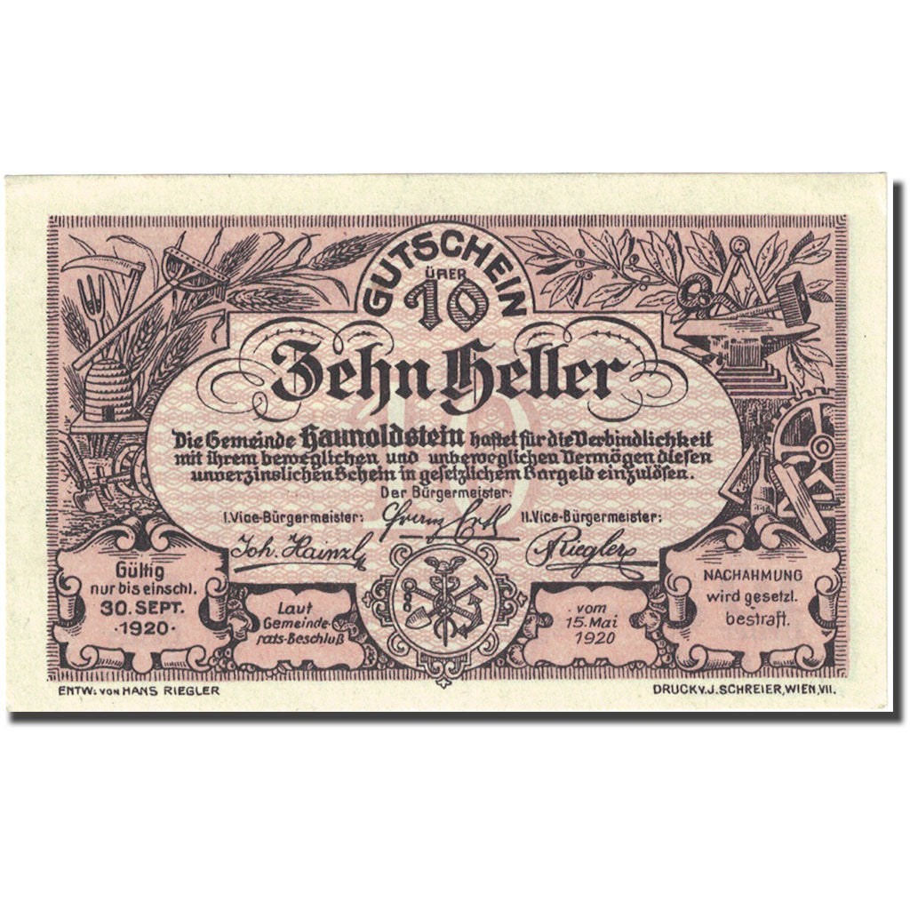 Geldschein, Österreich, Haunoldstein, 10 Heller, château, 1920 UNZ- Mehl:FS 356