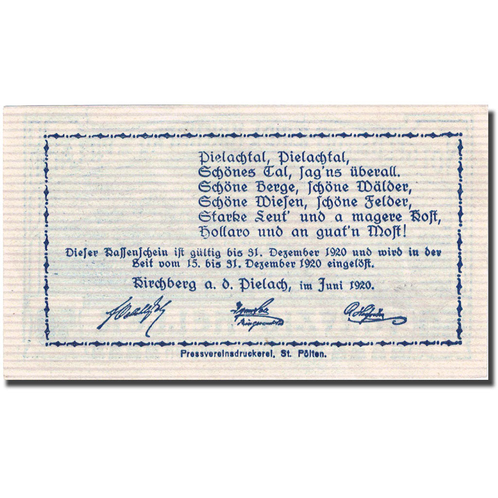 Billete, Austria, Kirchberg, 50 Heller, paysage 1920-12-31, SC Mehl:FS 442b