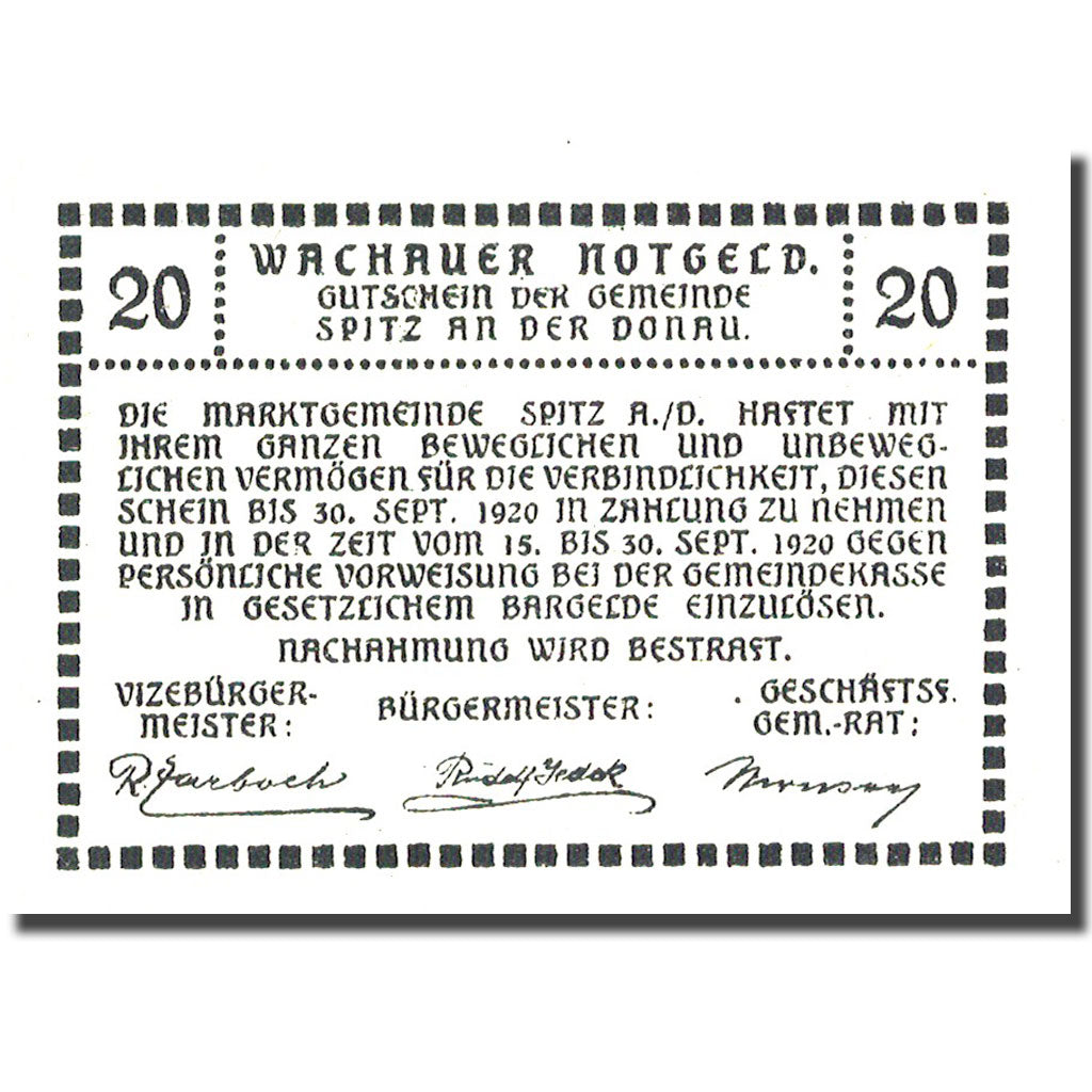 Banconote Austria Durnstein a d Donau  20Heller 1920 SPL green Mehl:FS 1122.3IIc