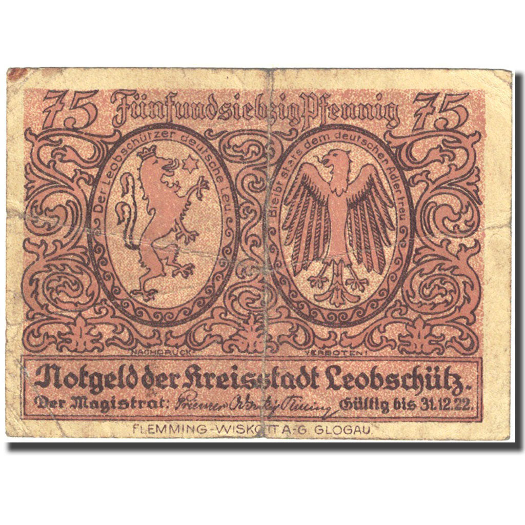 Banconote, Germania, Leobschütz, 75 Pfennig, aigle 1922-12-31 MB Mehl:793.1a