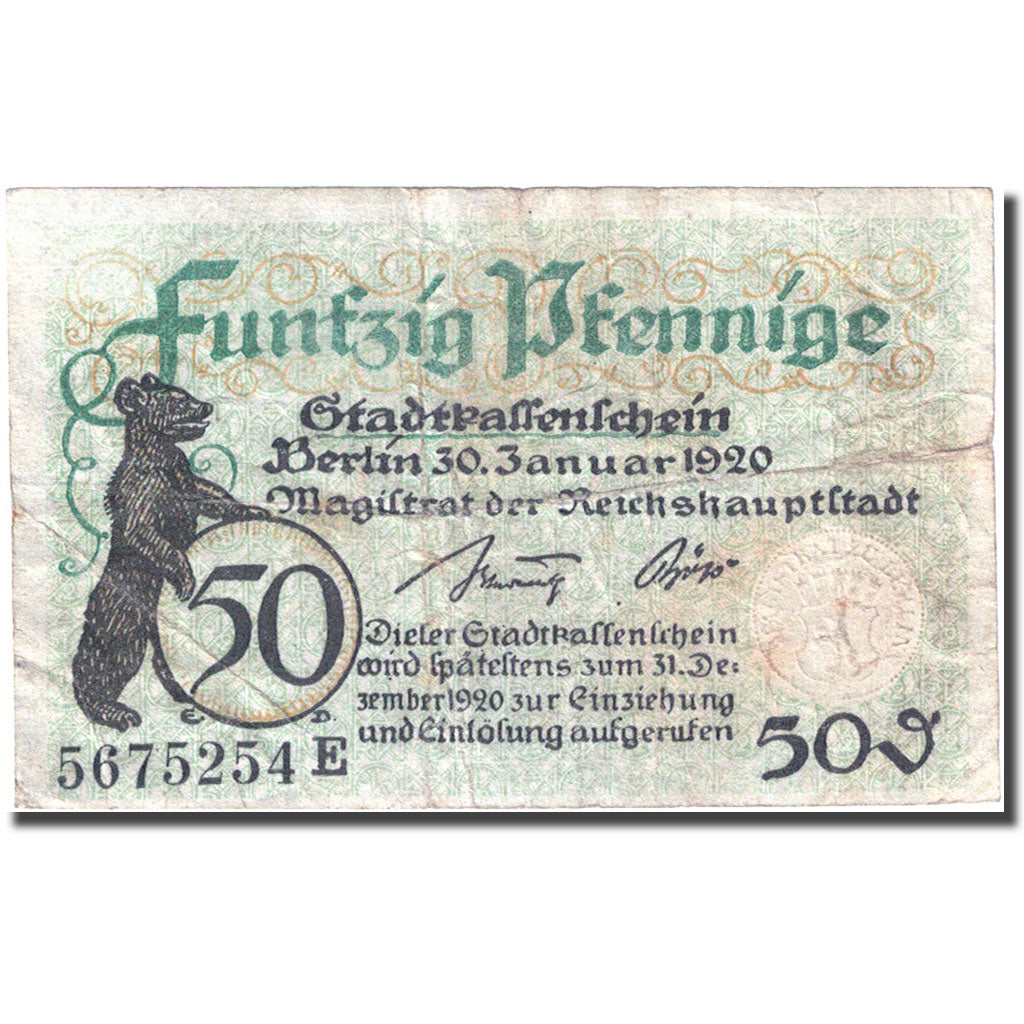 Geldschein, Deutschland, Berlin, 50 Pfennig, ours, 1920-01-30, S Mehl:B27.2b