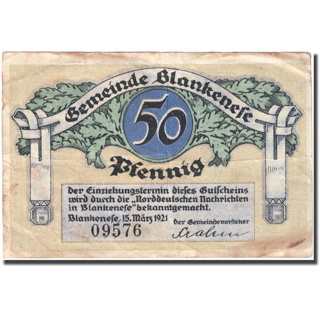 Banconote, Germania, Blankenese, 50 Pfennig, personnage, 1921 MB+ Mehl:115.2