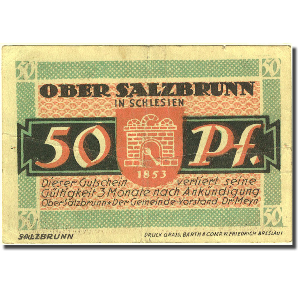Banconote, Germania, Salzbrunn, 50 Pfennig, Blason, 1921, BB, Mehl:1000.1
