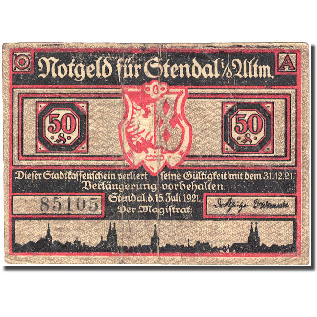 Banconote, Germania, Stendal, 50 Pfennig, personnage, 1921 MB Mehl:1267.1