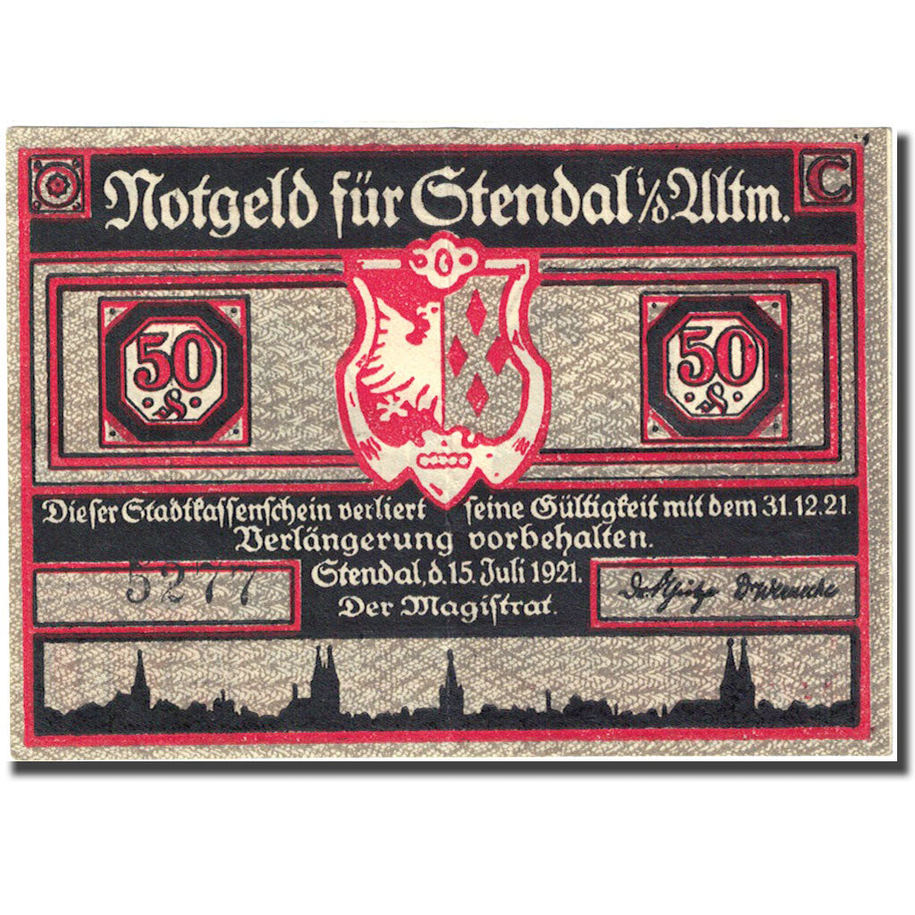Nota, Alemanha, Stendal, 50 Pfennig, personnage 1, 1921 AU(50-53) Mehl:1267.1