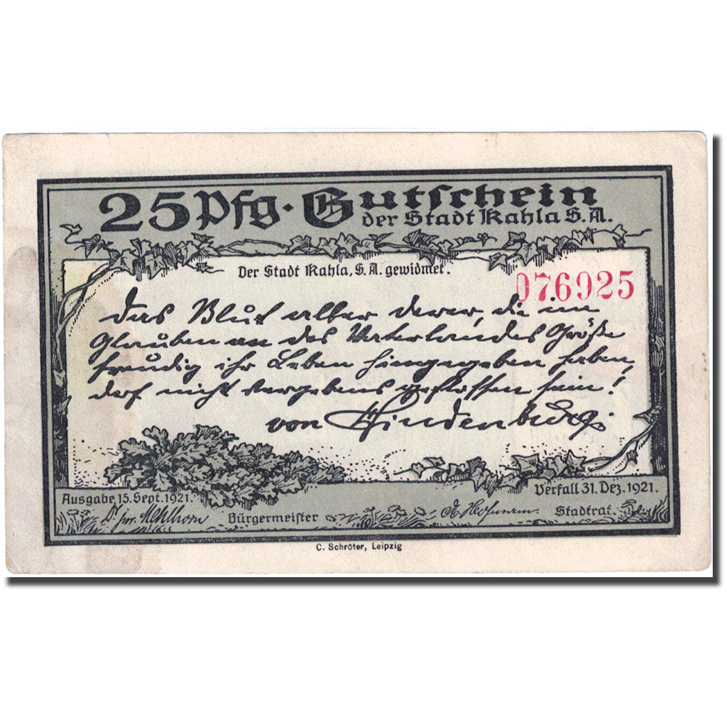 Billet, Allemagne, Kahla, 25 Pfennig, château, 1921, TTB  Mehl:668.6c