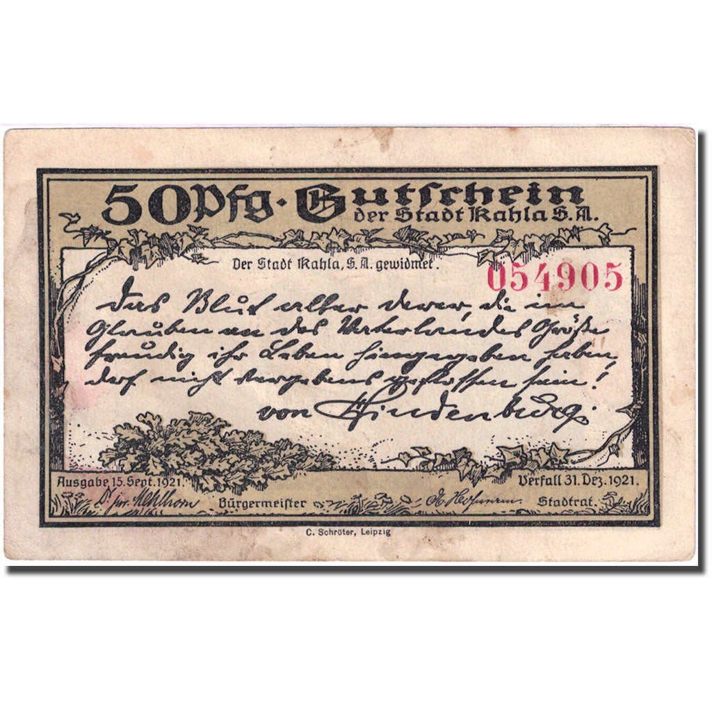 Banconote, Germania, Kahla, 50 Pfennig, château 1, 1921 BB Mehl:668.6c